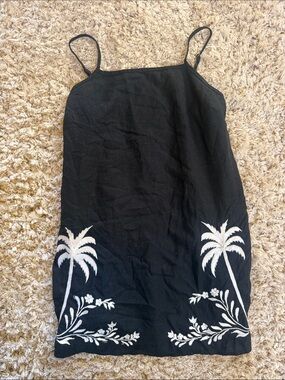 Calypso St. Barth Black Slip Dress with White Palm Embroidery